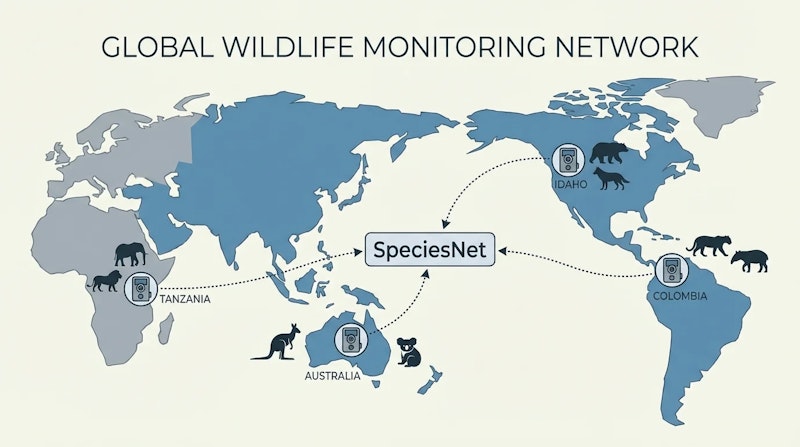 図1: 世界4地域でのSpeciesNet活用拠点