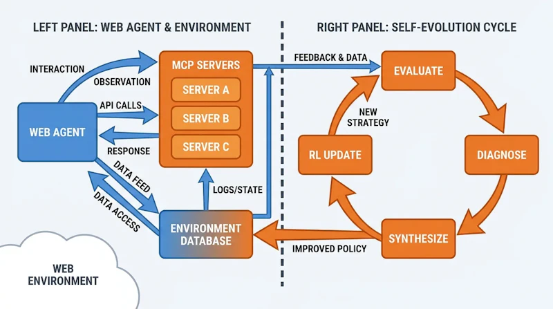 図1: Agent-Worldのシステム構成。左がEnvironment-Task Discovery、右がSelf-Evolving Training Loopを示す