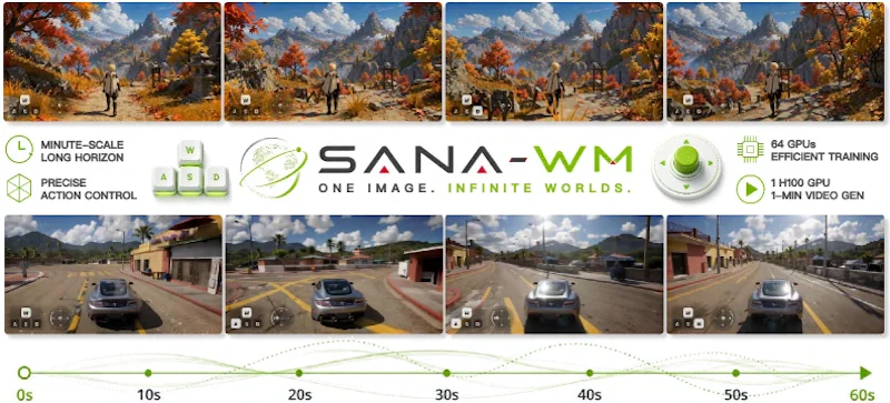 図1: SANA-WMの概要。1枚の画像とアクション軌跡を入力とし、64GPU学習・単一GPU推論で720p・60秒の映像世界を生成します。
