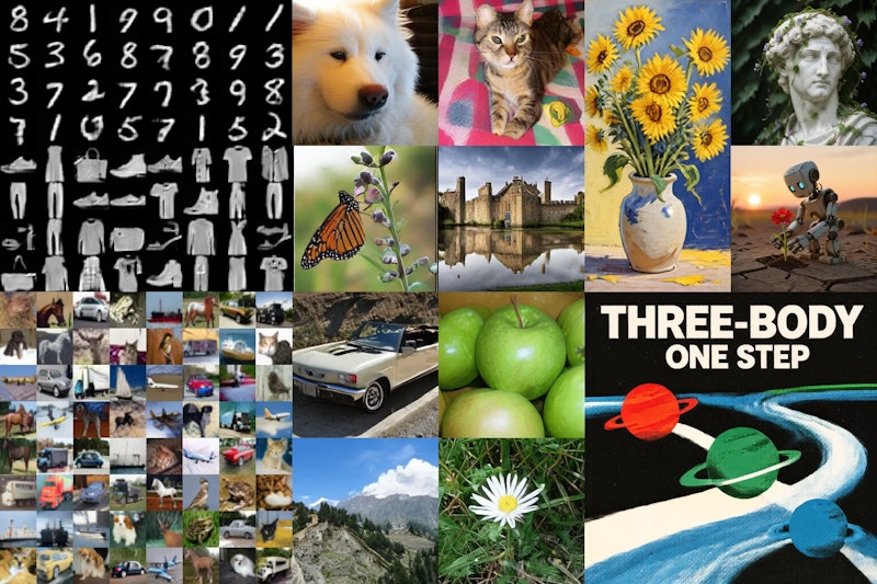 図1: TBSMで学習したモデルによる1ステップ生成サンプル。MNIST・Fashion-MNIST・CIFAR-10、ピクセル空間のImageNet-1K、さらにQwen-Image-20BをTBSMで微調整して生成したテキストから画像への出力を示す