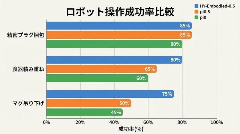 図2: 実ロボット操作の成功率比較。HY-Embodied-0.5は全タスクでπ0を上回る
