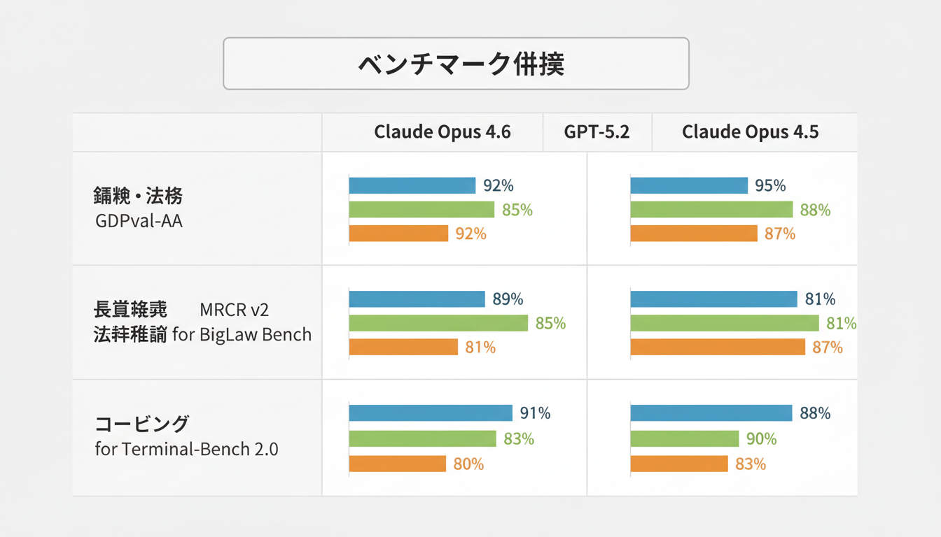 図2: Claude Opus 4.6と競合モデルの主要ベンチマーク比較