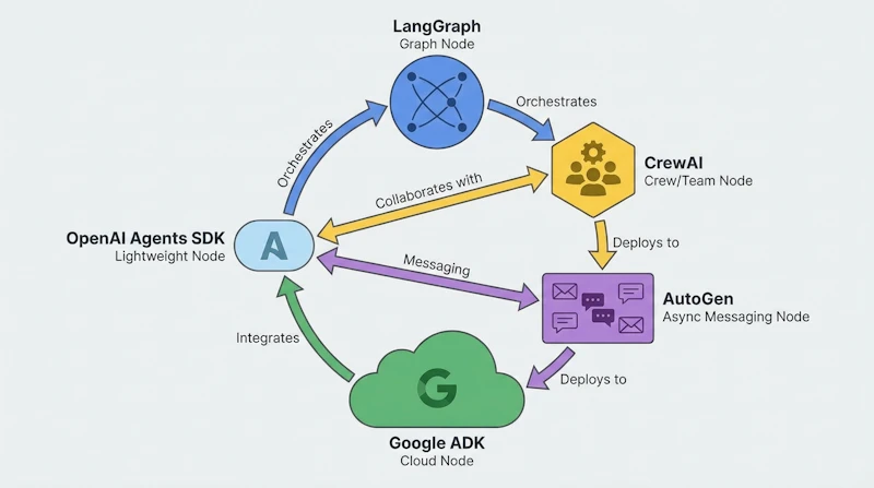 図1: 主要AIエージェントフレームワーク5選の位置づけ