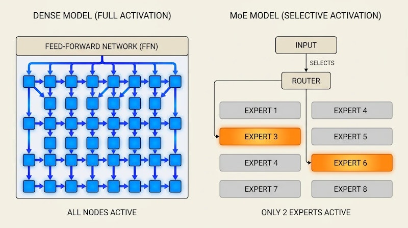 図2: DenseモデルとMoEの活性化パターンの違い。Denseは全ノードが常に活性化するのに対し、MoEは選ばれた一部のエキスパートのみが計算を行う