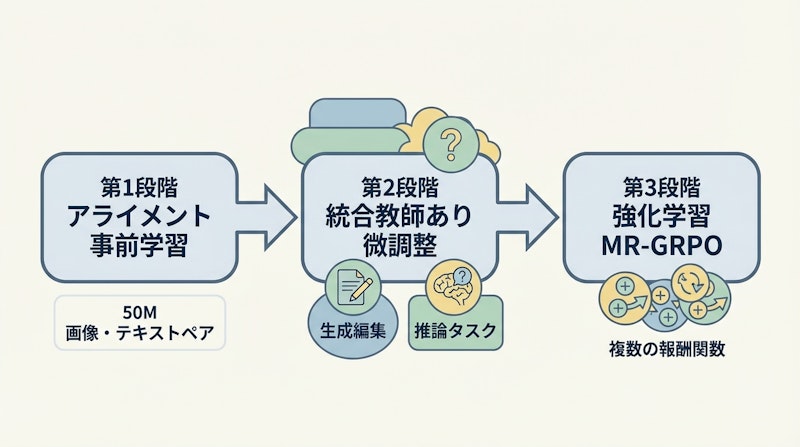 図2: DeepGen 1.0の3段階学習パイプライン