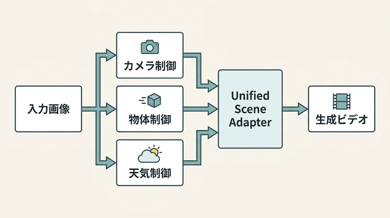 図1: Holo-Worldの処理パイプライン。1枚の入力画像から3種類の制御信号を受け取り、単一モデルでビデオを生成する