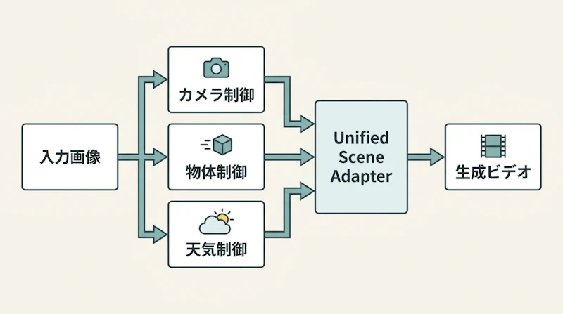 図1: Holo-Worldの処理パイプライン。1枚の入力画像から3種類の制御信号を受け取り、単一モデルでビデオを生成する