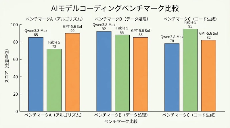図1: 3つのコーディングベンチマークにおける相対的な優劣のイメージ