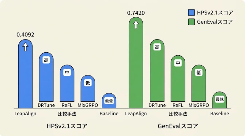 図2: 各アライメント手法のHPSv2.1スコアとGenEvalスコアの比較