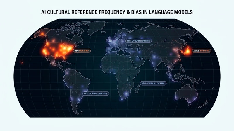 図1: LLMが文化的質問で参照する国の分布。日本と米国への集中が8モデルを通じて確認された