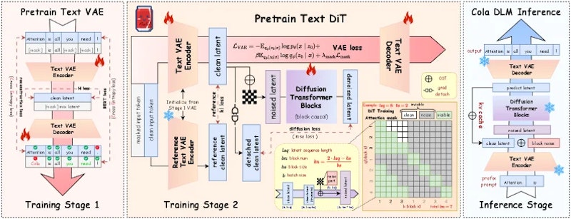 図1: Cola DLMの全体ワークフロー。学習段階1ではText VAEを再構成損失・BERT損失・KL損失で事前学習し、学習段階2ではText VAEとText DiTを勾配制御しながら共同事前学習する。推論段階ではKVキャッシュを用いた効率的なデコードを行う。
