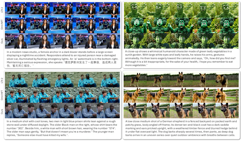 図3: 中国語ニュース読み上げ、英語発話、2話者の対話、犬の吠え声での定性比較