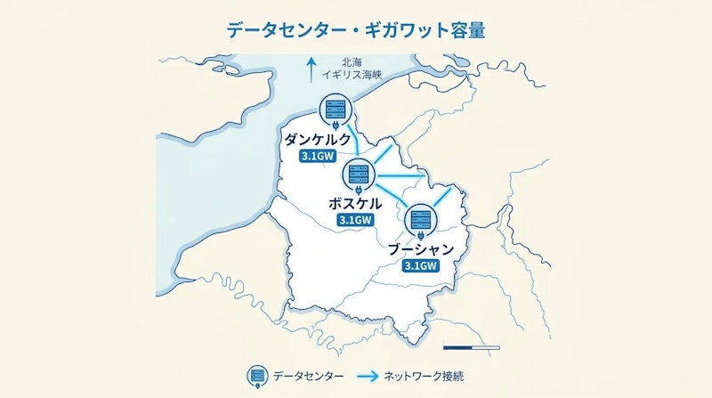 図1: オー・ド・フランス地域における3拠点の配置と計画容量