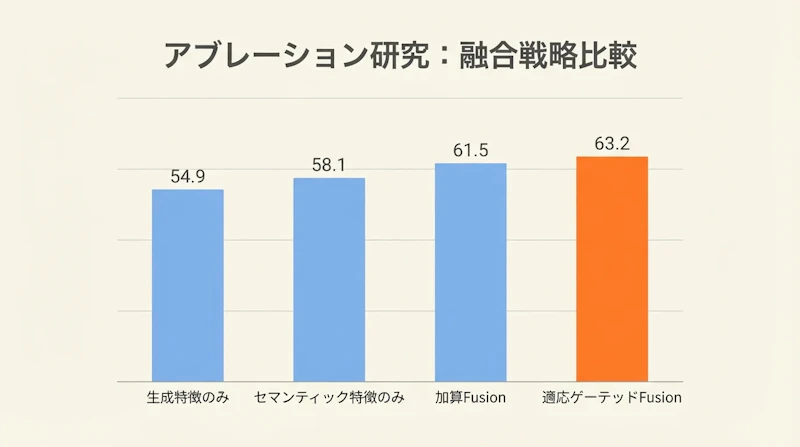 図2: アブレーション実験の結果。適応ゲーテッドFusionが最高スコア63.2を達成