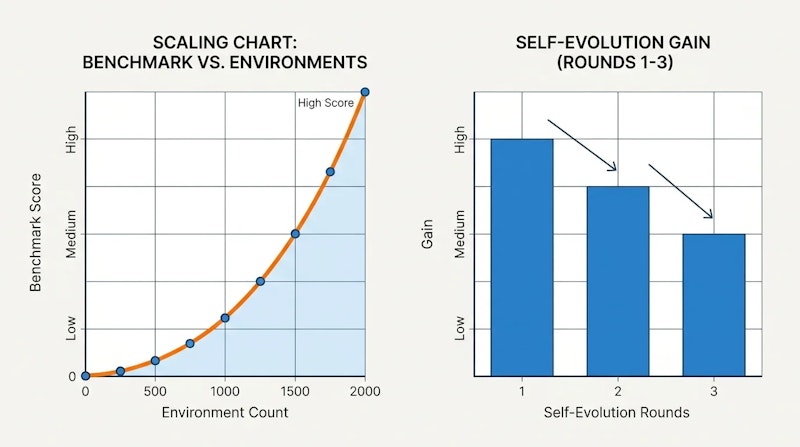 図2: 環境数・自己進化ラウンド数に対するスケーリング則。いずれも増加に伴い性能が向上する
