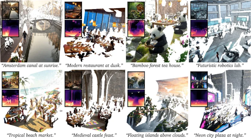 図4: テキストからの同時生成結果。3D点群への変換でも忠実な幾何構造が再現され、単眼深度推定でも高精度な結果が得られる