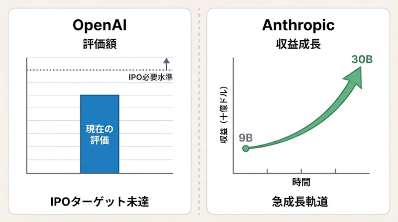 図1: OpenAIとAnthropicの評価構造と収益成長の比較