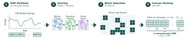 図2: codec-stream tokenizationの詳細。ビットコストによる適応GOP分割と動き残差による空間顕著性スコアリングを組み合わせ、I/Pキャンバスとして視覚トークンを生成する仕組み