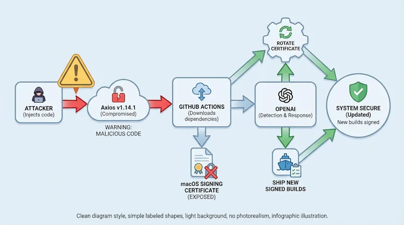 図1: サプライチェーン攻撃の流れとOpenAIの対応