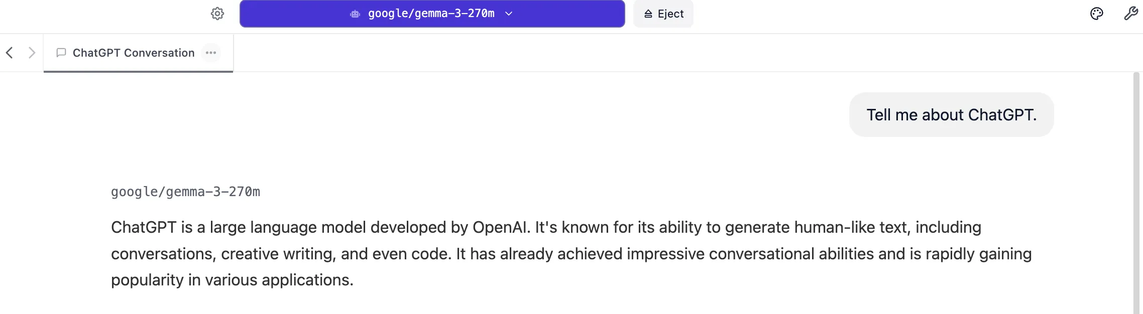 Gemma 3 270M ChatGPTについて英語で質問する