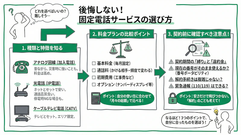 「後悔しないための固定電話サービスの選び方」について説明するスライド