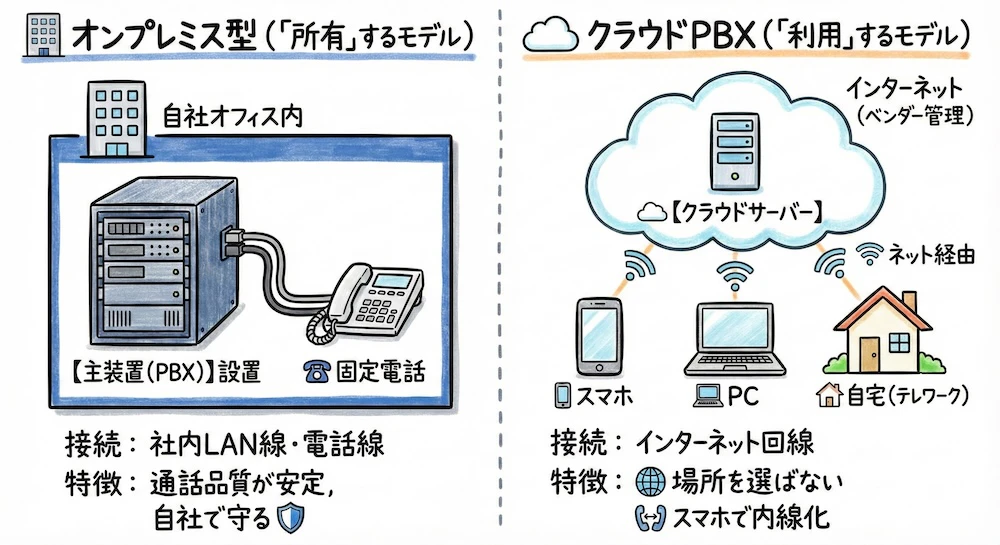 オンプレミス型PBXとクラウドPBXの違いを解説する画像