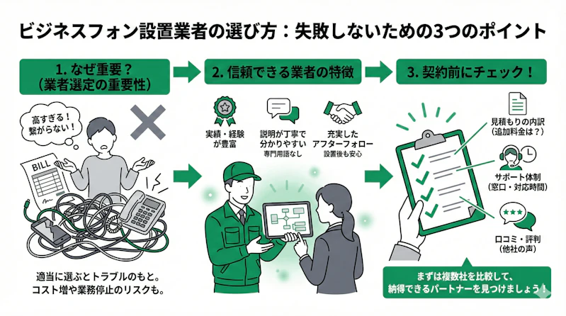 「ビジネスフォン設置業者の選び方」について説明するスライド