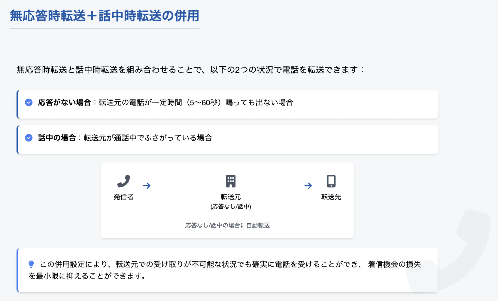 「無応答時転送+話中時転送の併用」を説明する画像