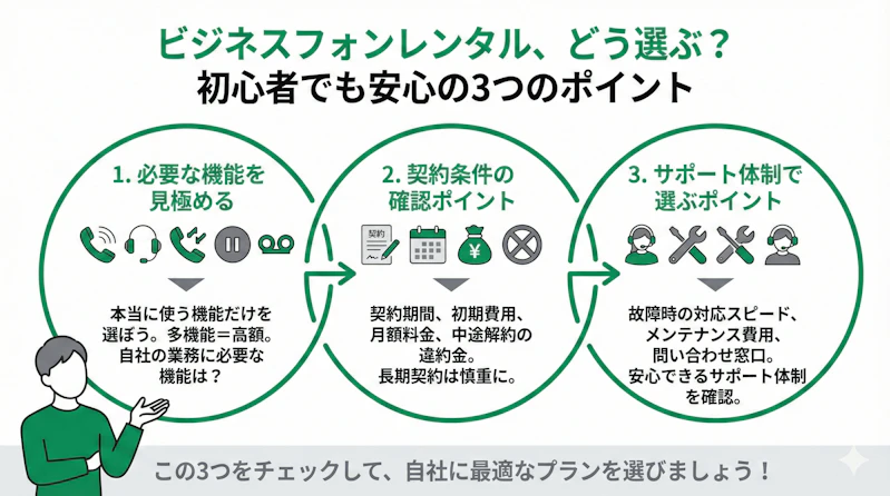 「ビジネスフォンレンタルの選び方」について説明するスライド
