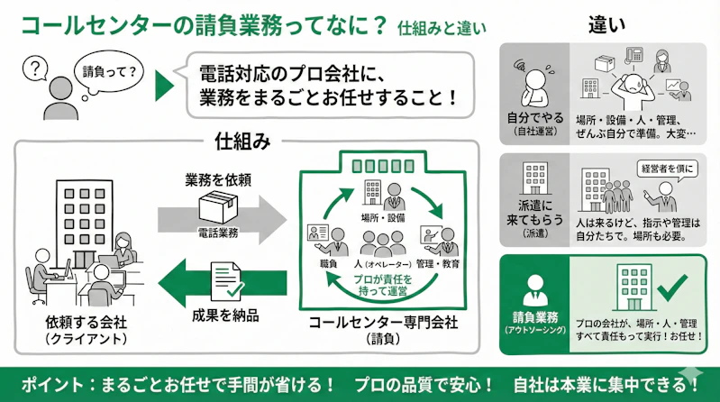 「コールセンターの請負業務とは」の疑問に対し、仕組みや他サービスとの違いを説明するスライド