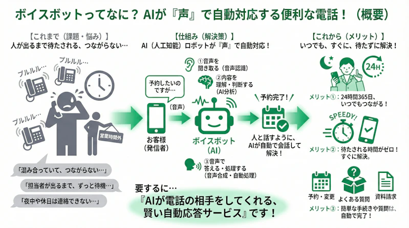 「ボイスボットとは」の疑問に対し、仕組みや他サービスとの違いを説明するスライド