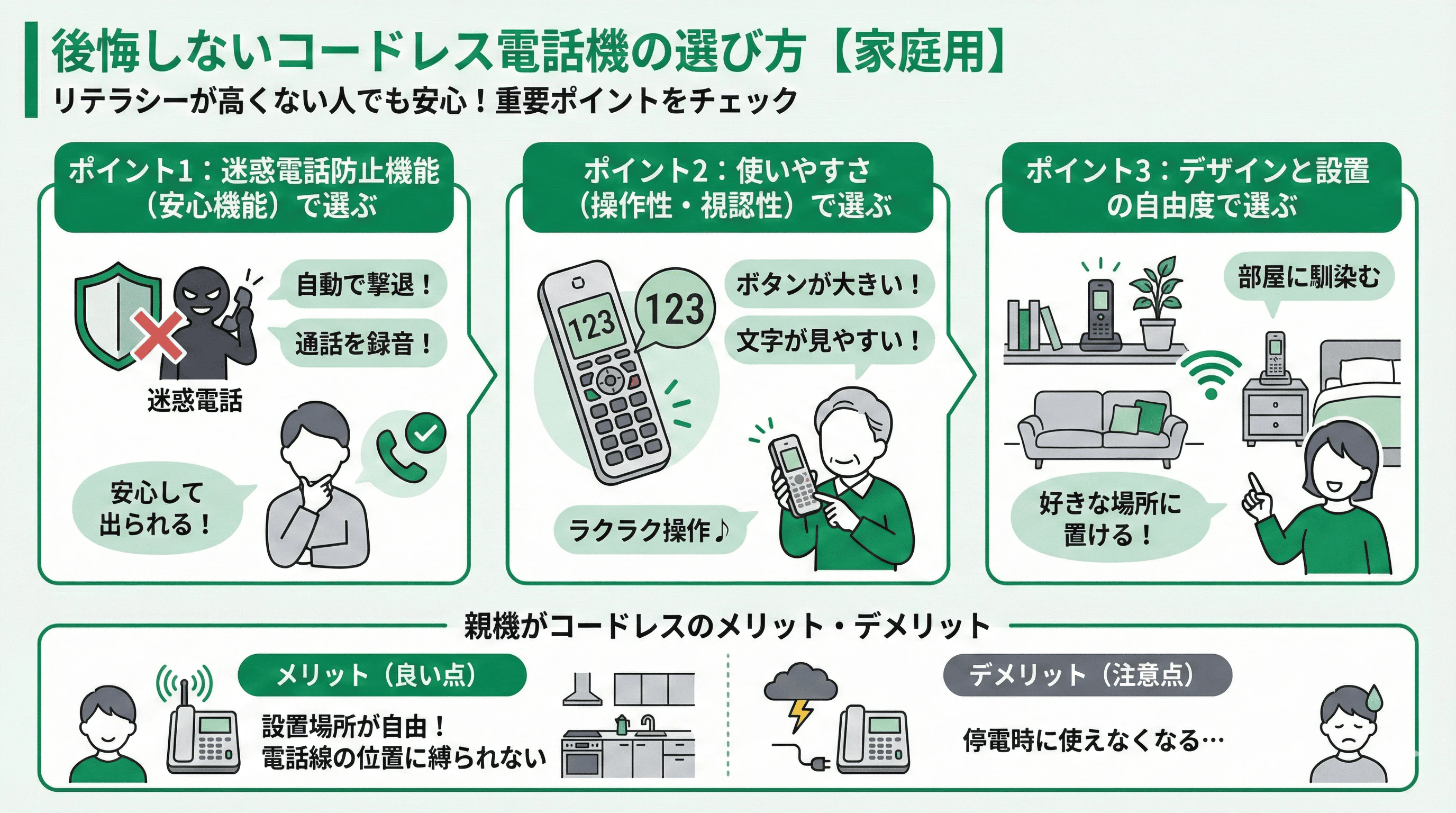 「後悔しないコードレス電話機の選び方【家庭用】」について説明するスライド
