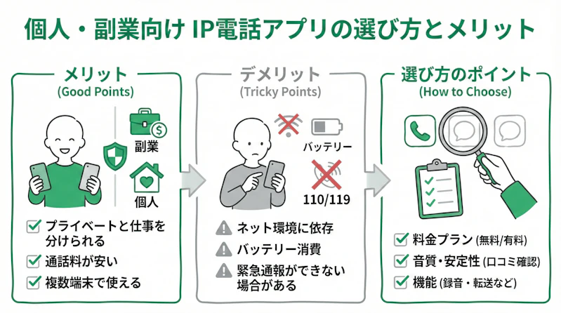 「個人・副業向けIP電話アプリの選び方とメリット」について説明するスライド