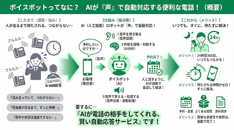 「ボイスボットとは」の疑問に対し、仕組みや他サービスとの違いを説明するスライド