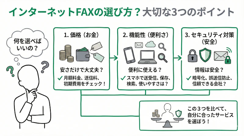 「インターネットFAXの選び方は？」について説明するスライド