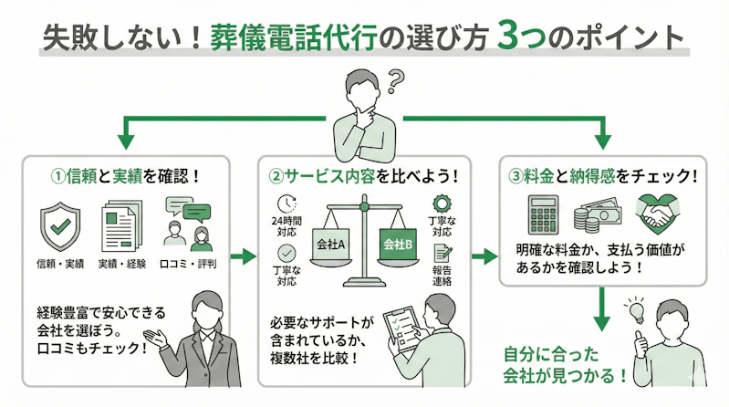 「葬儀電話代行の選び方」について説明するスライド