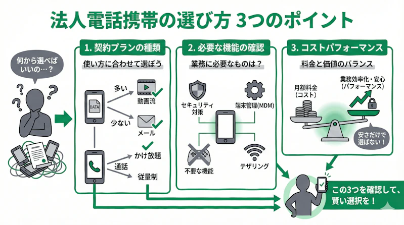 「法人電話携帯の選び方」について説明するスライド