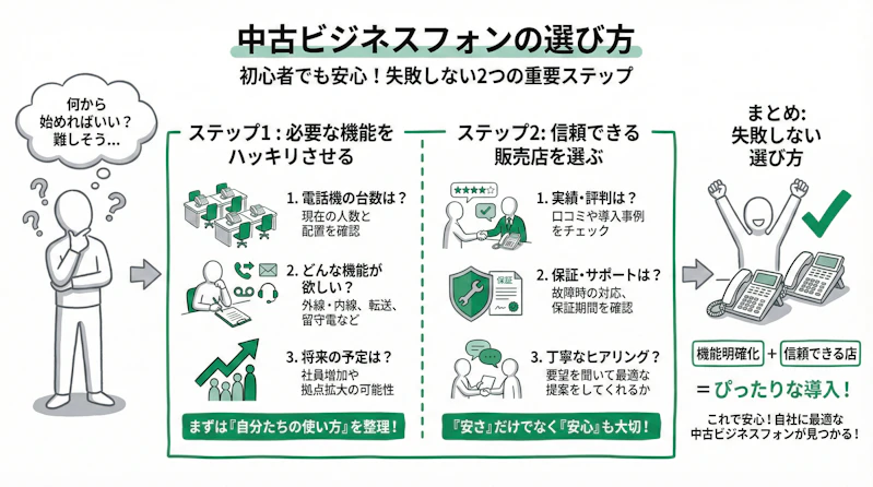 「中古ビジネスフォンの選び方」について説明するスライド