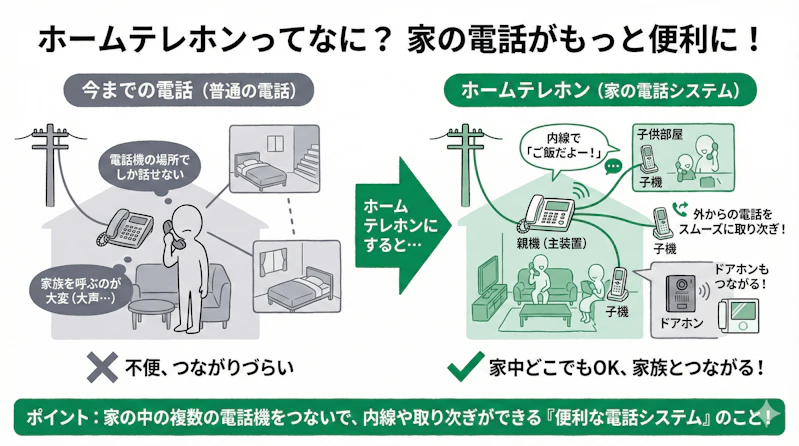 「ホームテレホンとは」の疑問に対し、仕組みや他サービスとの違いを説明するスライド