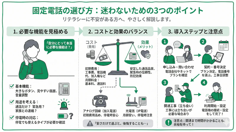 「固定電話の選び方」について説明するスライド