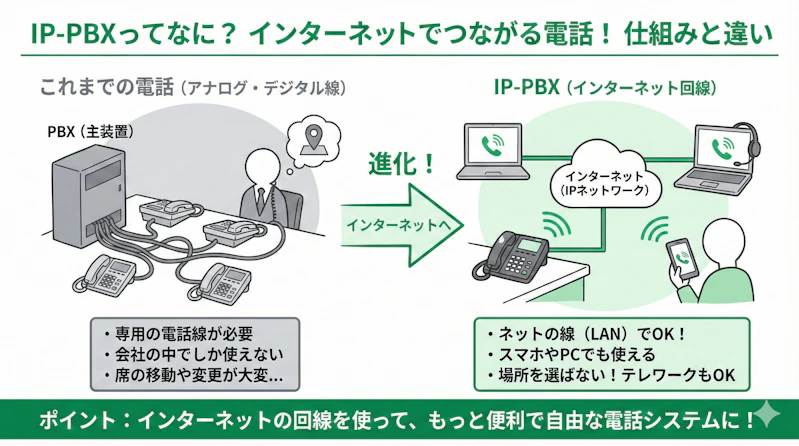 「1.IP-PBXとは」の疑問に対し、仕組みや他サービスとの違いを説明するスライド