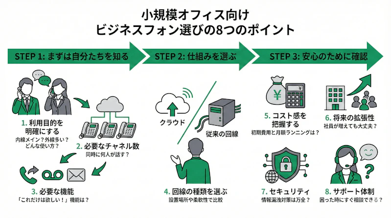 「小規模オフィスにおけるビジネスフォンの選び方」について説明するスライド