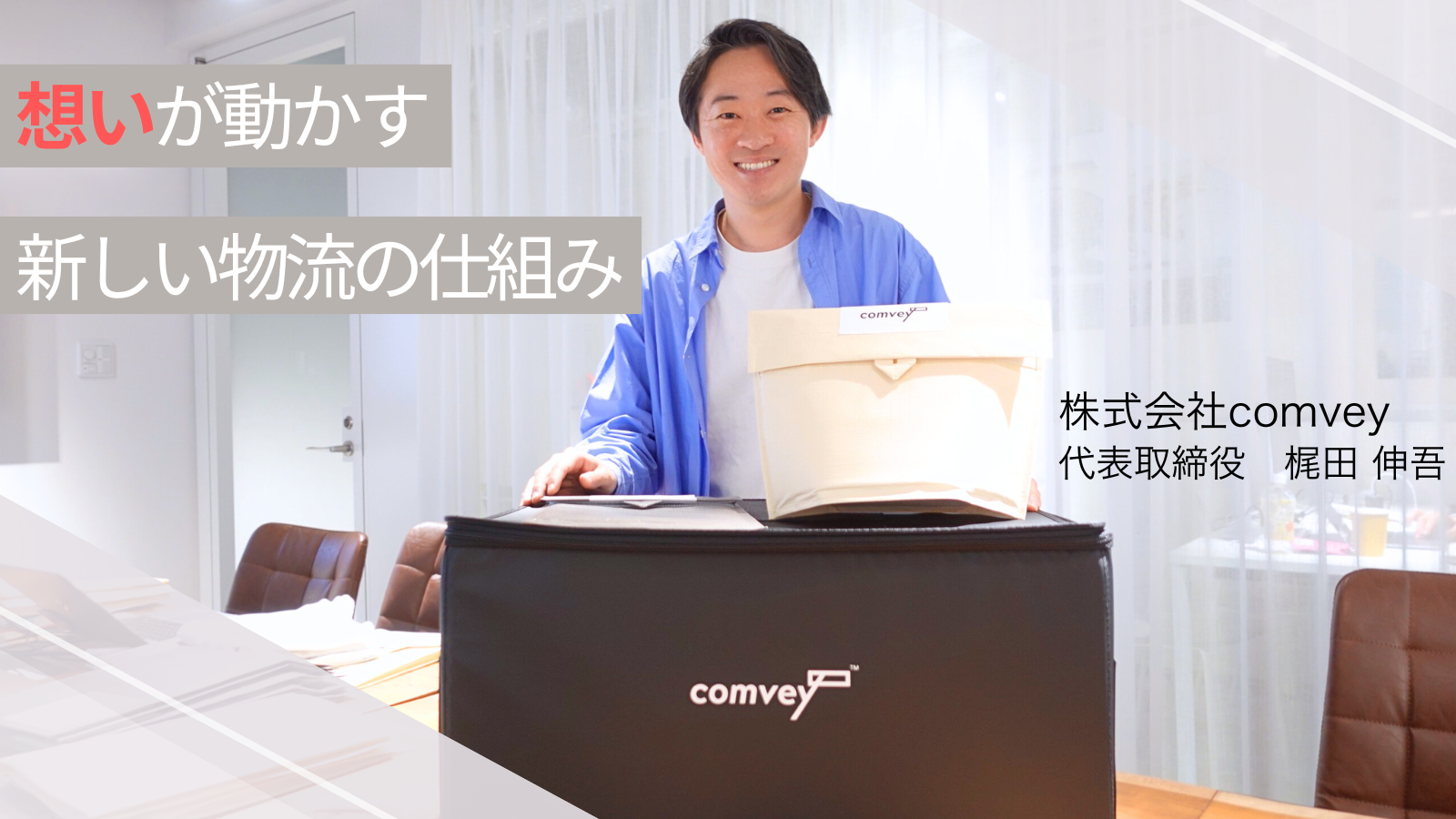 総合商社時代、物流の課題を実感した梶田。売り手・買い手・運び手の関係性を向上させる仕組みと信頼できるパートナーと共に、社会課題の解決に挑む。