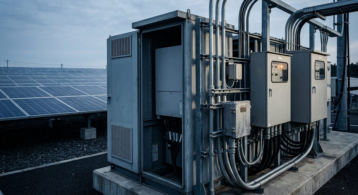 無人の太陽光発電所で扉を開けたパワーコンディショナと高圧連系設備