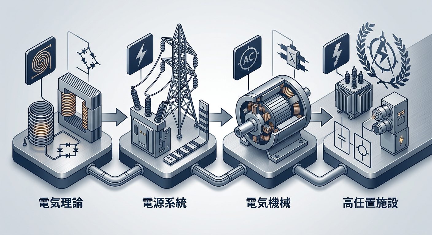 理論・電力・機械・法規の科目を試験回ごとに1つずつ取得し、4枠がそろうまでの流れを表した図