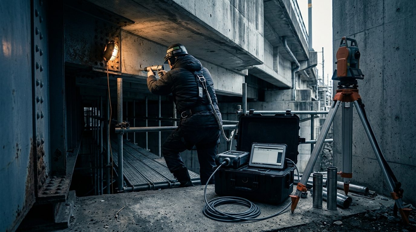 橋梁下面で計測機材を並べてコンクリートの変状を調べる点検作業の風景
