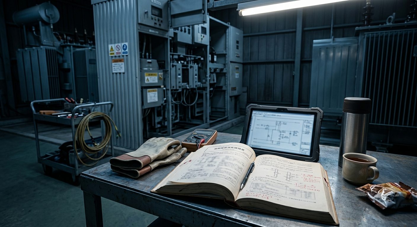 夜間の電気室に隣接する当直机に参考書とノートが置かれ、奥に配電盤が並ぶ情景