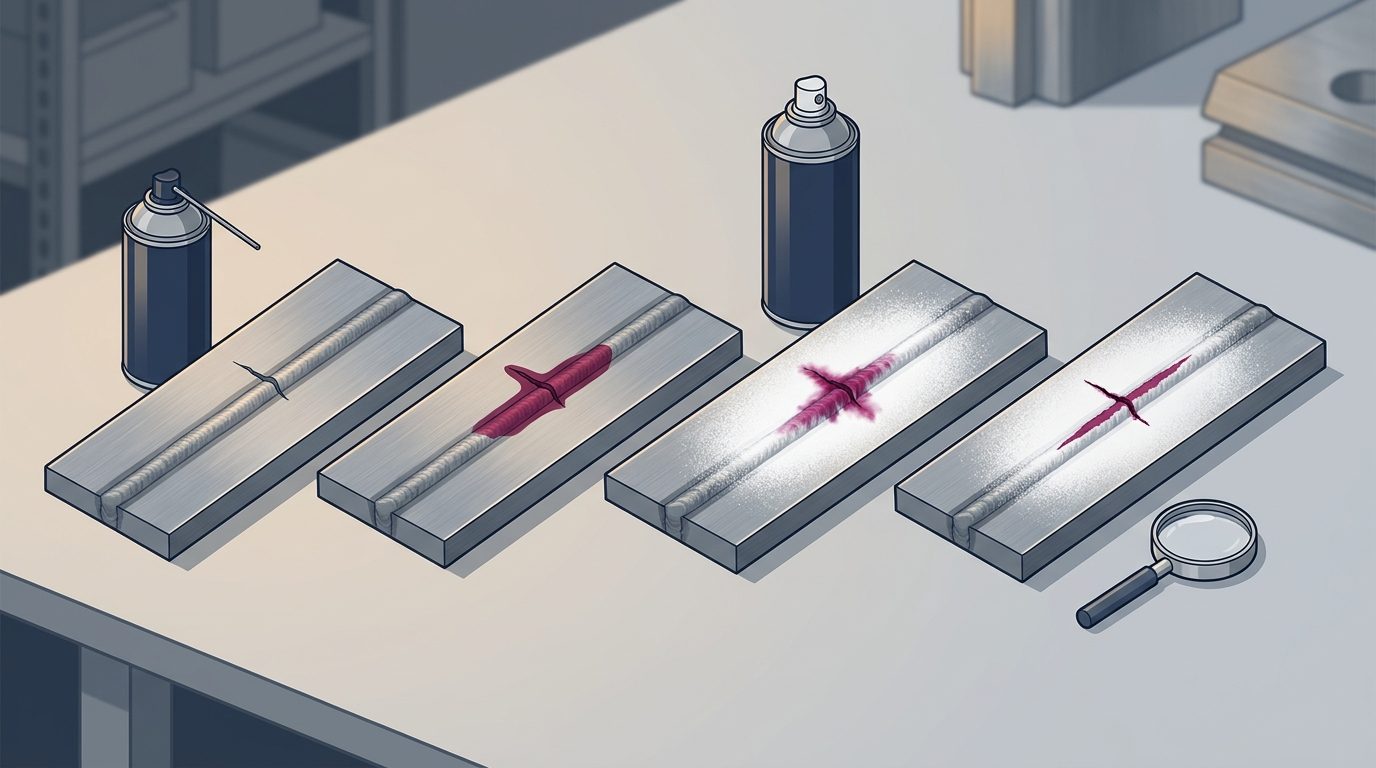 表面に開口したきずに入った赤い浸透液が、白い現像剤の層へ吸い出されて広がる断面