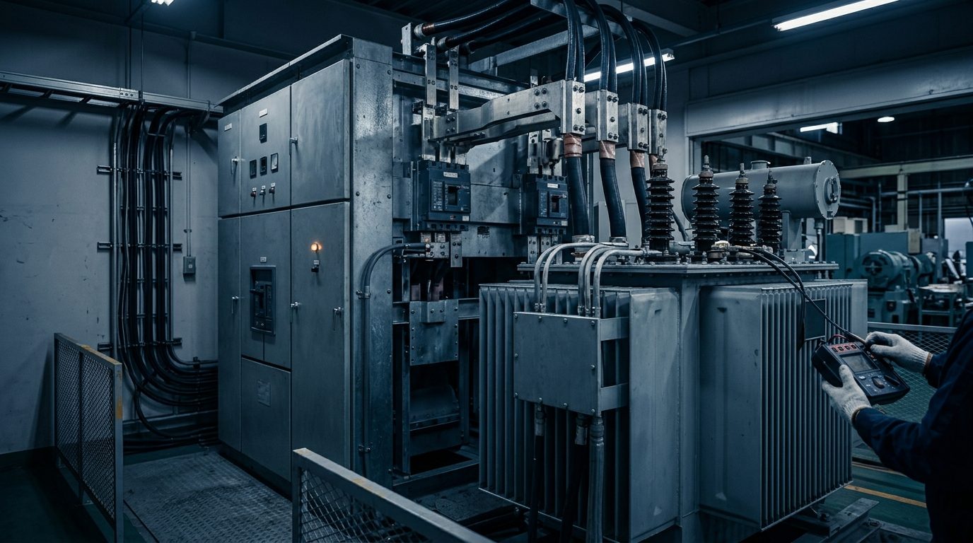 受変電設備の高圧盤と絶縁抵抗計が並ぶ電気室で年次点検を準備する様子