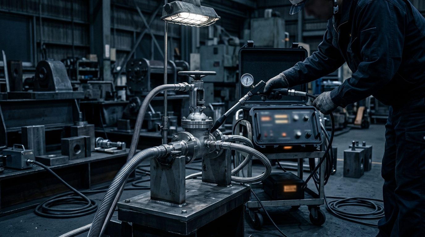 圧力設備や保護具が置かれた、安全管理を前提とする非破壊検査の現場の様子
